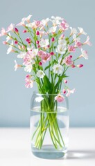 Delicate white & pink Bacopa monnieri blossoms in a clear glass vase, vibrant, photography