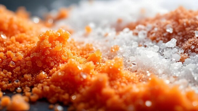Orange crystals of potassium dichromate and white crystals of potassium chloride creating an abstract design with selective focus and macro lens