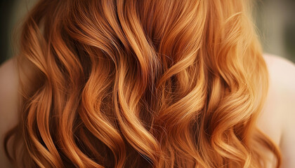 Fototapeta premium Close-up of flowing, wavy red hair cascading down, with a soft-focus background of nature