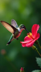 Fototapeta premium Hummingbird feeding, wings blur, intense focus on flower , nature, closeup