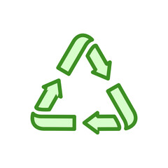 A green triangle with arrows pointing in different directions. The triangle is a symbol for recycling. The arrows represent the process of recycling