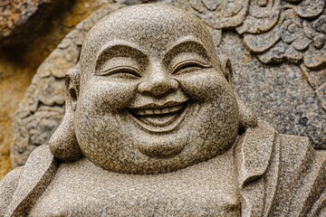 Obraz premium Joyful Stone Fat Buddha Sculpture in Danang, Vietnam - A Close-Up of Happiness and Serenity