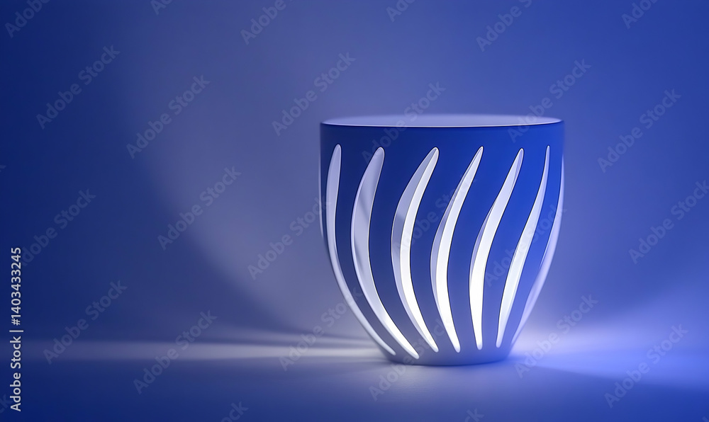 Poster modern decorative lamp with unique cut-out design casting soft blue light in a minimalist setting