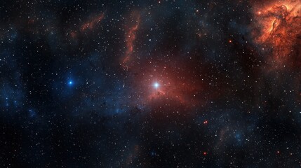 Fototapeta premium A deep space nebula with a bright central core and swirling arms of orange, red, and blue hues.