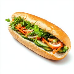 Delicious Vietnamese Banh Mi Sandwich with Fresh Vegetables and Herbs on a White Background Ready to Eat Generative AI