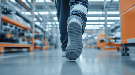 A closeup of a industry workers hand. He is walking trough a scandinavian factory