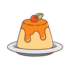 Delicious caramel custard flan pudding dessert with cherry vector illustration sweet treat icon 90s style