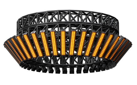 Circular stage lighting truss with vertical LED spotlights and cameras 3d render with transparent background