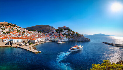 Naklejka premium panoramic view of hydra town saronic islands greece