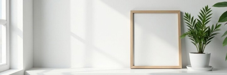 Elegant picture frame and potted plant on a white shelf , shadow, domestic