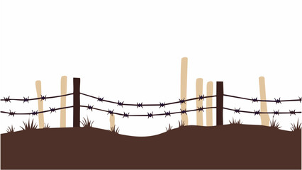 Silhouette of barbed wire and wooden stake on the ground. trench war elements vector background.