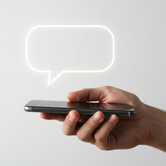Hand holding smartphone with speech bubble on a light background  