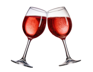 Two elegant glasses clinking together, filled with sparkling rose wine, creating a celebratory and festive atmosphere.