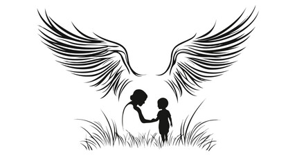 Obraz premium Angel silhouette with child and wings in black and white design