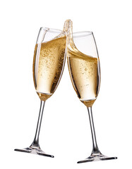 Two champagne flutes clinking together, filled with bubbly golden liquid, creating a celebratory splash.