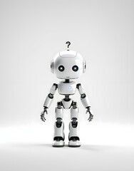 Fototapeta premium Cute Futuristic Robot with Question Mark - Curious AI Bot Concept on White Background for Tech, Innovation, and Education Themes