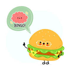 Cartoon burger wearing glasses with a brain in a speech bubble saying bingo, a cute food concept.