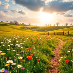 A serene countryside meadow with spring wildflowers, blossoming trees, and warm sunlight. Rolling hills and a winding path create a peaceful, natural atmosphere.