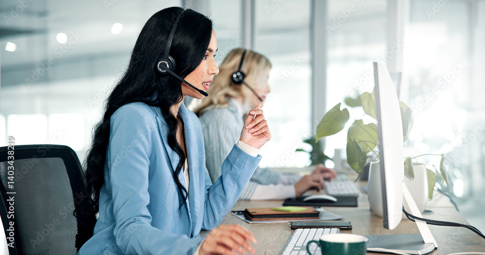 Poster Communication, computer and contact us with woman in call center for assistance or consulting. Advice, customer service and support with employee in telecom workplace as virtual assistant for crm