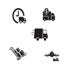 Set of 5 outline delivery and with floral transport, shipment silhouette editable vector isolated 