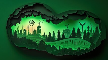 Green Paper Cut Cityscape; Environmental Illustration; Eco-Friendly Design