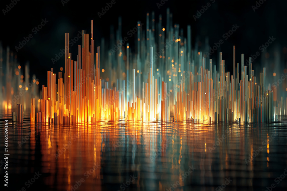 Aufkleber abstract cityscape reflected in water, featuring orange and teal luminous columns, creating a futuri
