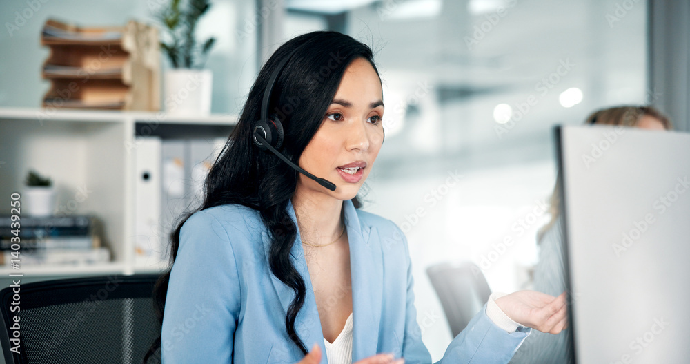 Poster communication, consulting and contact us with woman in call center for advice or assistance. busines