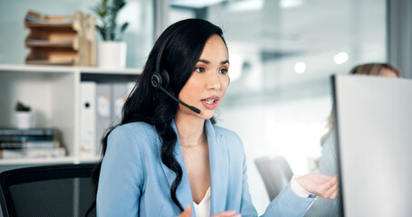 Communication, consulting and contact us with woman in call center for advice or assistance. Business, customer service and headset with employee at work in telecom support as virtual assistant