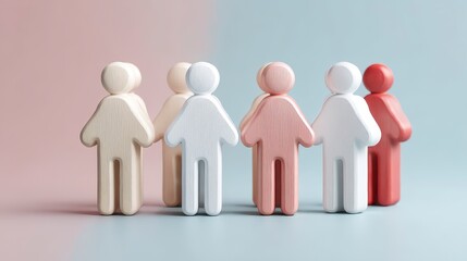 Five textured figurines in beige, white, and red stand together on a light gray and pink background. The figures are stylized and represent unity.