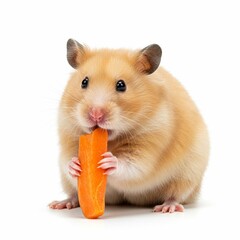 Hamster Savoring Carrot in Cute Pose on White