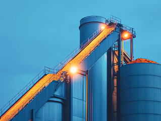 Obraz premium Industrial structure with silos and conveyor belts under blue sky lighting.