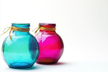 Two colorful glass jars on white background