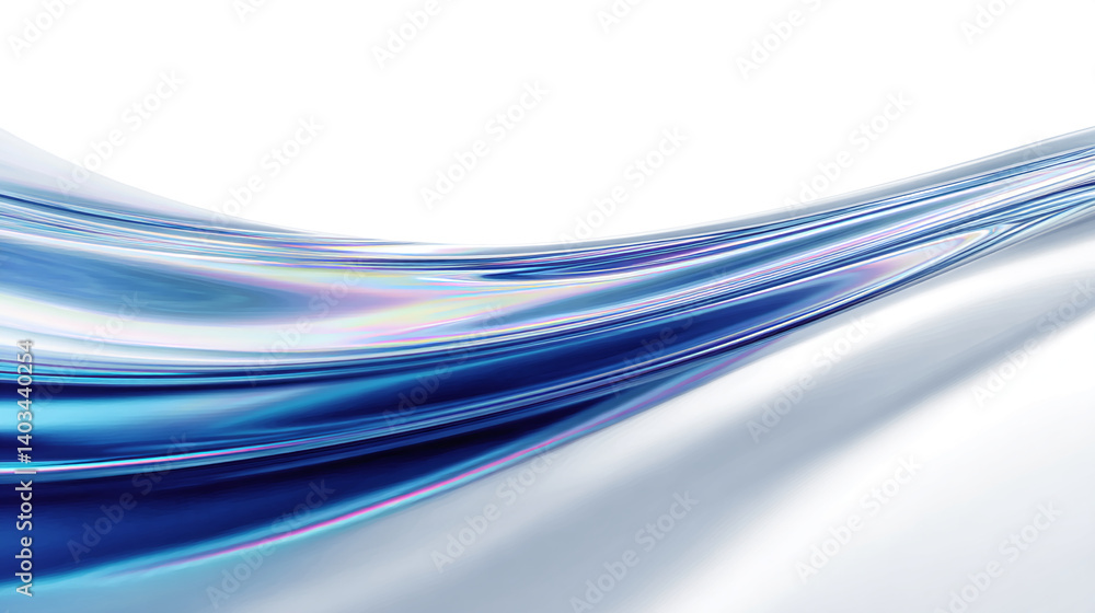 Poster abstract blue iridescent wave design, flowing smoothly across white background, creating elegant and