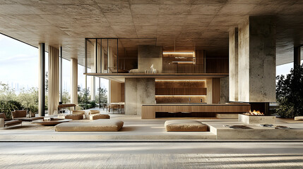 Modern minimalist interior of a spacious living area with natural light, featuring wooden furniture and greenery