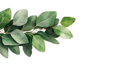 Green eucalyptus leaves branch isolated on white background, natural, botanical, simple, elegant, minimal, flat lay.