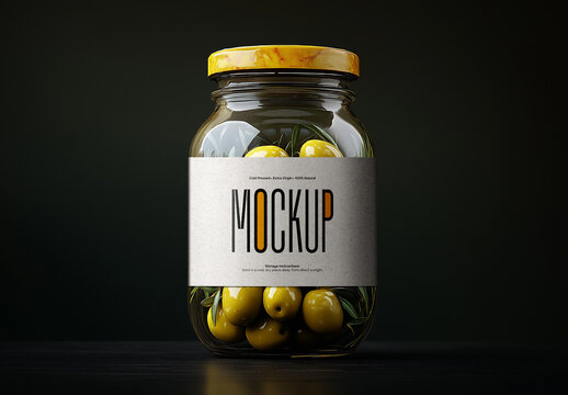 Glass Jar Olive Mockup with Paper Label and Yellow Lid &mdash; Realistic Packaging for Food Branding and Organic Product Showcase
