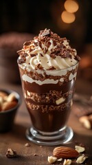 Indulgent chocolate dessert layered with cream and nuts served in a glass at a cozy cafe