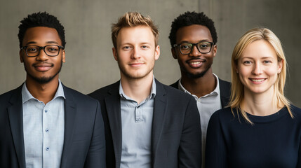 Confident multiethnic business professionals in formal attire posing against minimal grey office backdrop with soft window light
