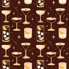 Classical alcohol cocktails seamless vector pattern with cartoon retro groovy funky illustration of various summer fancy drinks in different shapes glasses. Espresso Martini, Manhattan, Pisco Sour