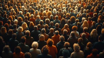 Obraz premium A Massive Gathering of People Seen from Above, Illuminated by Warm Golden Sunlight