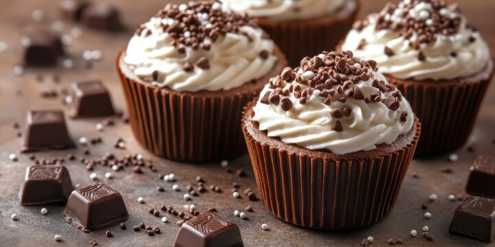 Decadent chocolate cupcakes with creamy frosting and chocolate sprinkles on a rustic countertop