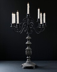 Obraz premium Black wrought iron candelabra portrait view on plain black background