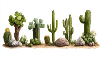 Pixel art desert landscape showcasing various cacti and succulents with rocks and sand. Bright, vivid colors and simple shapes. Isolated on white background.