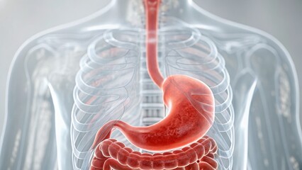 Acid Reflux Stomach Wellness. Gastroesophageal Reflux Disease GERD An anatomical illustration of the human digestive system highlighting the stomach.