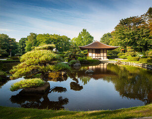Naklejka premium japanese garden with pond park in hasselt belgium