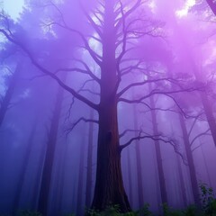 Obraz premium Tall tree shrouded in swirling purple mist, ethereal forest, whimsical, surreal