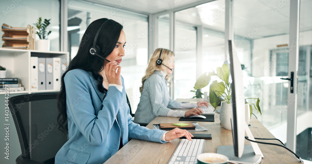 Poster computer, communication and contact with woman in call center for assistance or crm consulting. busi