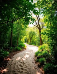 Fototapeta premium Winding sandy path vanishes amidst lush green foliage, sunlight dappled through trees, botany, tranquil, ecosystem
