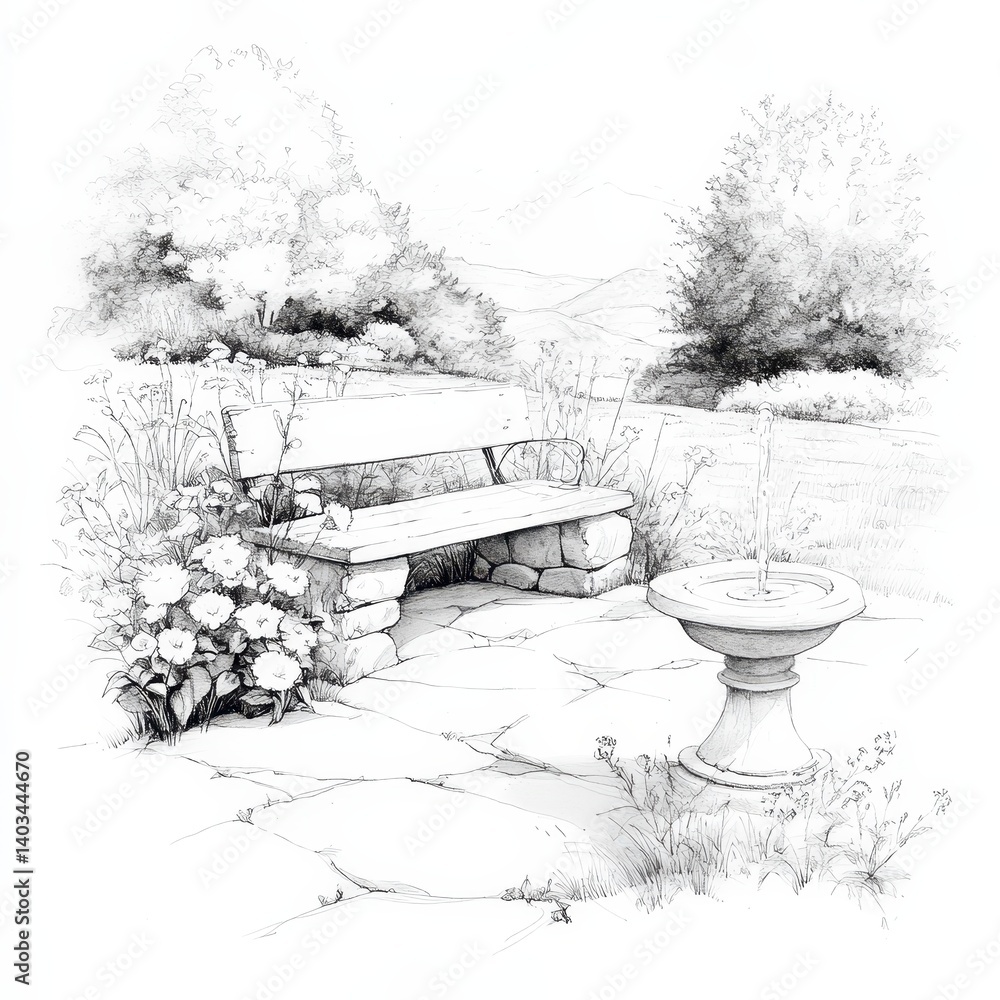 Poster black and white sketch of a tranquil garden scene featuring a stone bench, a classical urn, and lush