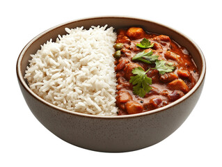 Bowl of steamed rice next to bowl of spicy chili representing flavorful global cuisine and culinary diversity isolated on a white background.
